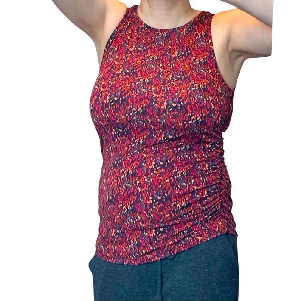 CeCe Women’s Rust Multi Watercolor Print Shirred Sides Short Sleeve Blouse Top L